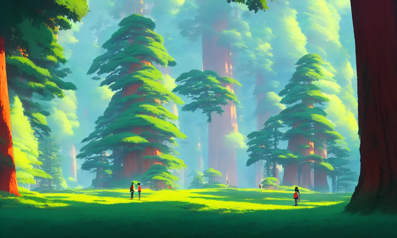 Prompt: Sequoia Park in a colorful moutain with beautiful trees , no people, morning, by studio ghibli painting, superior quality, masterpiece, traditional Japanese colors, by Grzegorz Rutkowski, concept art