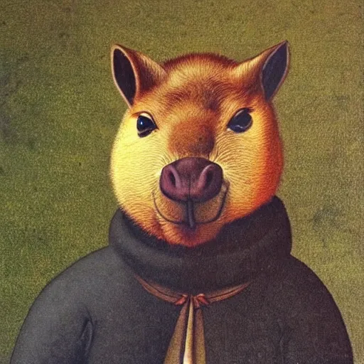 Image similar to sauve capybara wearing formal attire, portrait, painting, vivid colours, Renaissance, detail, da vinci