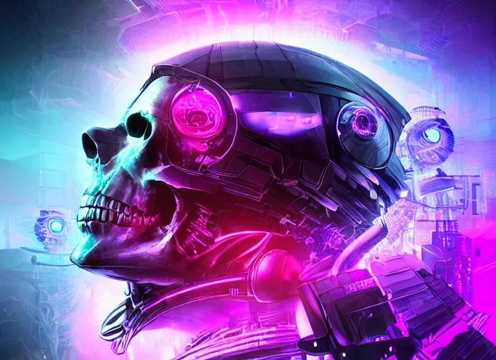 Prompt: a futuristic skull with glowing eyes and a purple background, cyberpunk art by android jones, behance contest winner, computer art, darksynth vaporwave, rendered in cinema 4 d