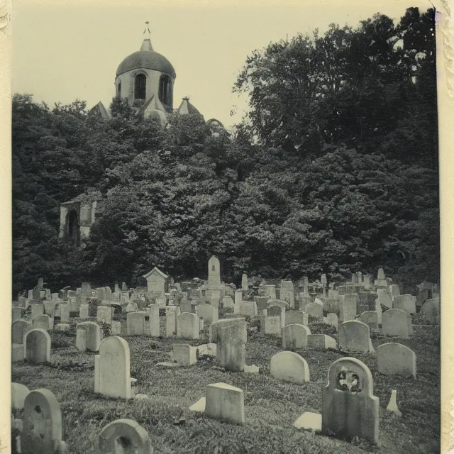 Image similar to graveyard with a monastery, polaroid