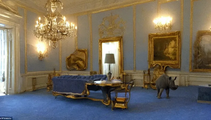 Prompt: a rhinoceros in a neoclassical room with blue beds, by mini dv camera, very very low quality, heavy grain, very blurry, caught on trail cam