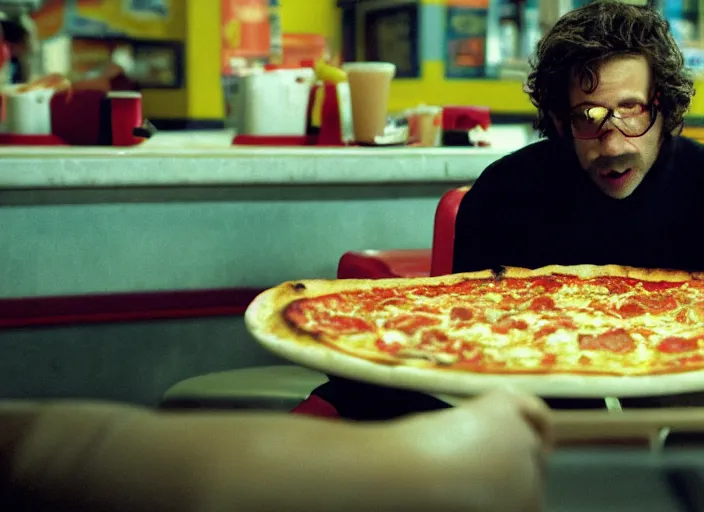 Image similar to portrait of charlie kaufman eating pizza at chuck - e - cheese with sloppy cheesy sauce getting slopped up all over the place, dramatic lighting, moody film still from being john malkovich ( 2 0 1 0 ), 3 5 mm kodak color stock, 2 4 mm lens, directed by spike jonze, ecktochrome