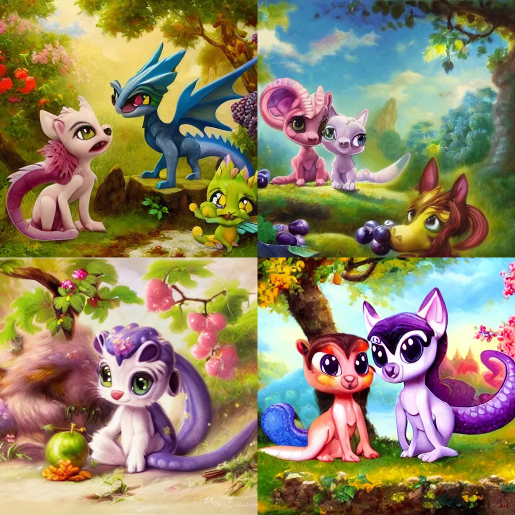 Prompt: 3d Littlest Pet Shop dragon and wolf, Spring theme, nature, grapes, Greek mythology, sparkling, master painter and art style of Noel Coypel, art of Émile Eisman-Semenowsky, art of Édouard Bisson