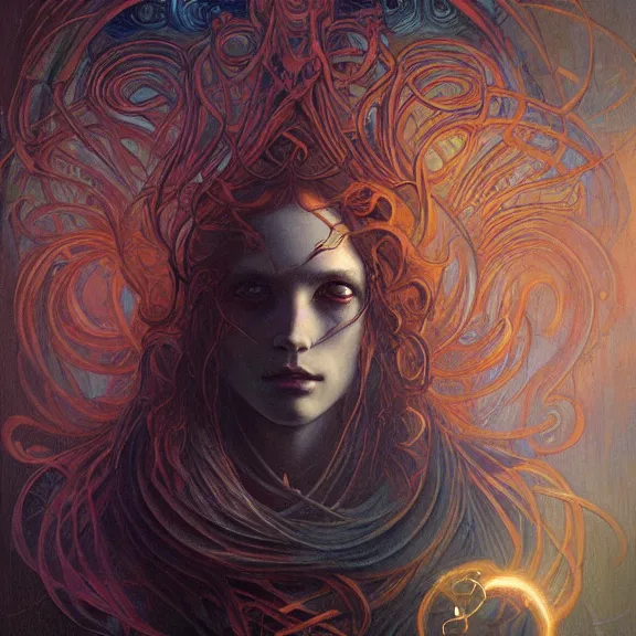 Prompt: a highly detailed beautiful portrait in the style of jean delville and in the style of peter mohrbacher. glowing runes.