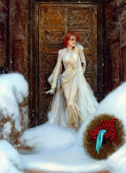 Image similar to emma stone opening door, wreath on door, christmas, artwork by gaston bussiere, craig mullins, trending on artstation