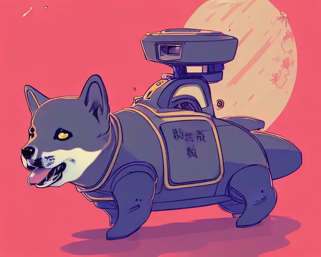 Image similar to a study of cell shaded cartoon of an adorable shiba inu piloting a mech, illustration, wide shot, subtle colors, post grunge, concept art by josan gonzales and wlop, by james jean, Victo ngai, David Rubín, Mike Mignola, Laurie Greasley, highly detailed, sharp focus, alien, Trending on Artstation, HQ, deviantart, art by artgem