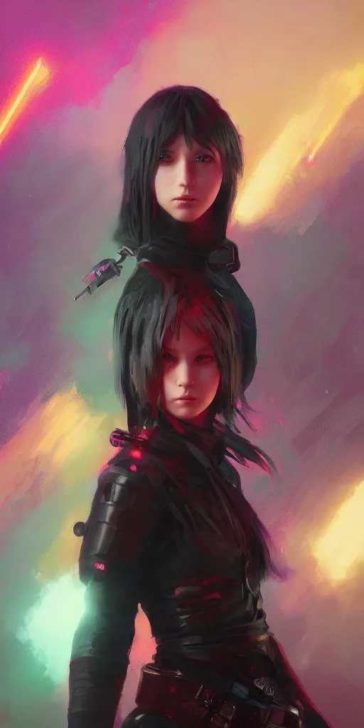 Prompt: A beautiful colorful portrait of a gothic warrior Girl, oil painting, final fantasy, Greg Rutkowski, Ilya Kuvshinov, blade runner, star wars, unreal 5, hyperrealistic, octane render, fullbody , dynamic lighting, fantasy art, Kilian Eng