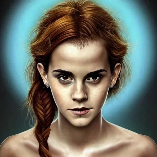 Image similar to Africa, beautiful portrait of Very funny actress Emma Watson like a ginger big red monkey, face like monkey with banana, Emma Watson actress blended monkey face paint, like , powerful , magic, thunders, dramatic lighting, intricate, wild, highly detailed, digital painting, artstation, concept art, smooth, sharp focus, illustration, art by artgerm and greg rutkowski and alphonse mucha, footage