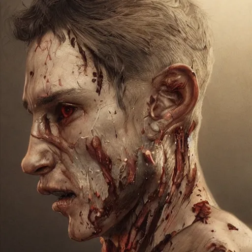 Image similar to portrait painting of a bloodied male butcher, ultra realistic, concept art, intricate details, eerie, highly detailed, photorealistic, octane render, 8 k, unreal engine. art by artgerm and greg rutkowski and alphonse mucha