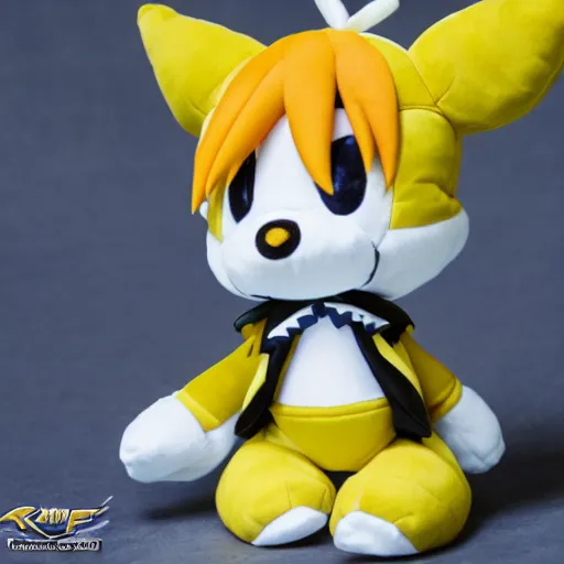 Image similar to A picture of a sora kingdom hearts plush toy, screenshot, square enix merch, Stuffed animal of an anime character, smiling