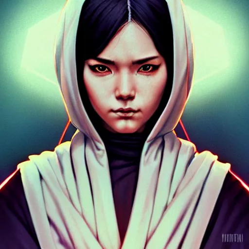 Image similar to one female jedi master, wearing the traditional jedi robe, beautiful and uniquely odd looking, detailed symmetrical close up portrait, intricate complexity, in the style of artgerm and ilya kuvshinov, magic the gathering, star wars art