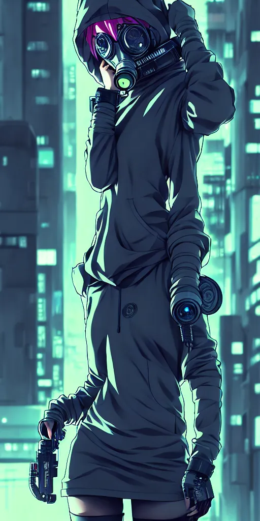 Image similar to cyberpunk anime girl in hoodie, cyberpunk gas mask, 3 / 4 shot, street night, grafity, beautiful face, grafity, arcane, action, tokyo street, detail, good face, pose model, concept art, in style of yoji shinkawa, pan ren wei, col price, atey ghailan, by greg rutkowski, aesthetic