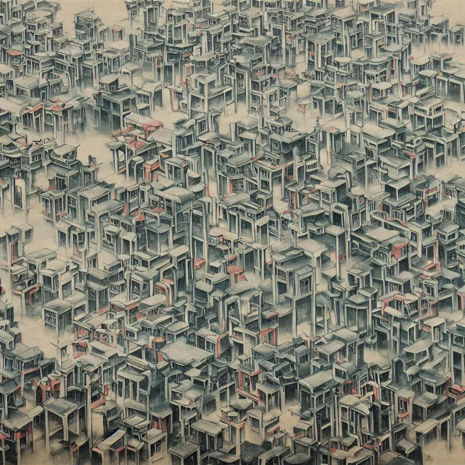 Image similar to a painting of abstract buildings like hongcun ancient village houses by yves tanguy