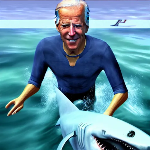 Prompt: joe biden sharkman swimming underwater, shark - human face, impressionism, gta 5, caricature