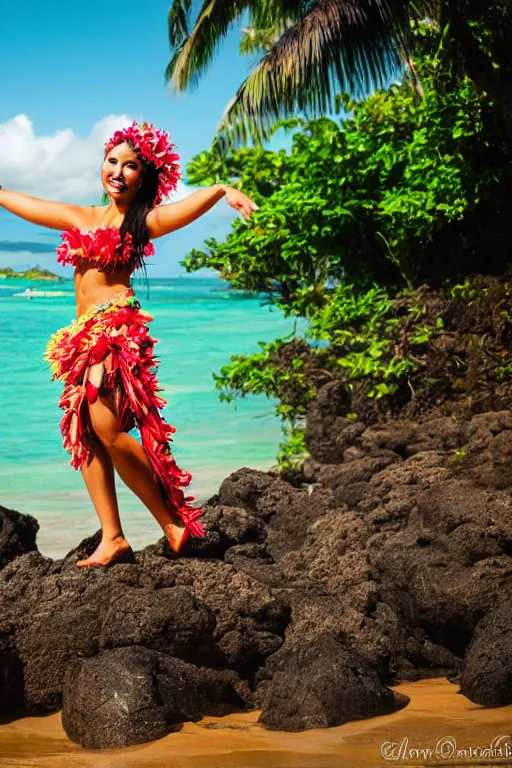 hawaiian girl carrying two coconuts cut in half with