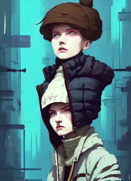 Image similar to highly detailed portrait of a sewer punk lady student, blue eyes, puffy jacket, white hair by atey ghailan, by greg rutkowski, by greg tocchini, by james gilleard, by joe fenton, by kaethe butcher, gradient blue, black, brown and cyan color scheme, grunge aesthetic!!! ( ( graffiti tag wall background ) )