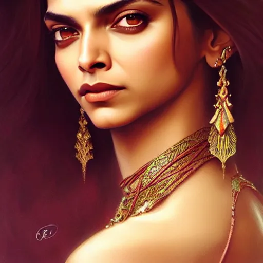 Image similar to beautiful young teen deepika padukone, closeup, D&D, fantasy, intricate, elegant, highly detailed, digital painting, artstation, concept art, matte, sharp focus, illustration, art by Artgerm and Greg Rutkowski and Alphonse Mucha