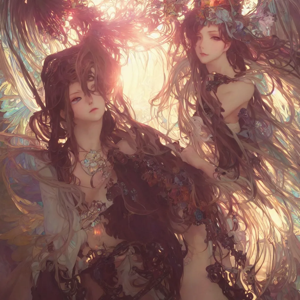 Image similar to 1 krenz cushart and alfons mucha detailed close portrait digital concept of anime cyber fairy, cute, gothic, epic sunbeam and church in background, unreal engine, hyperrealism, cinematic composition, blender render, octane render, hdr, detailed textures, trending on artstation, award winning artwork, 8 k,