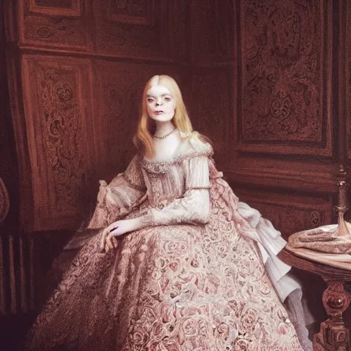 Prompt: Elle Fanning a wonderful queen with a large majestic detailed cotton roses dress in the world of Rembrandt,full body portrait, stormy weather, extremely detailed masterpiece, oil on canvas, low-key neon lighting, artstation, Blade Runner 2049, Roger Deakin’s cinematography, by J. C. Leyendecker and Peter Paul Rubens and Edward Hopper and Michael Sowa,