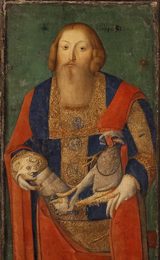 Prompt: portrait of a serbian king holding his pet dodo, painting, 1 5 th century, high quality,