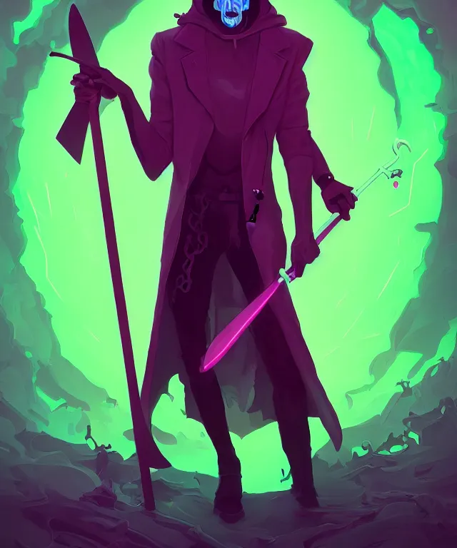 Image similar to a portrait of a neon grim reaper holding a scythe, fantasy, elegant, digital painting, artstation, concept art, matte, sharp focus, illustration, art by josan gonzalez