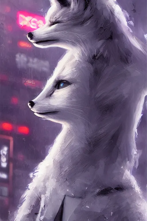 Prompt: gorgeous portrait of a tall beautiful white female anthro fox smoking a cigarette towering head and shoulders above the bustling crowd of a rainy city street around her, goth punk clothes, cyberpunk, harsh neon lights, highly detailed, sharp focus, digital painting, illustration, trending on artstation, art by sakimichan, wlop, greg rutkowski
