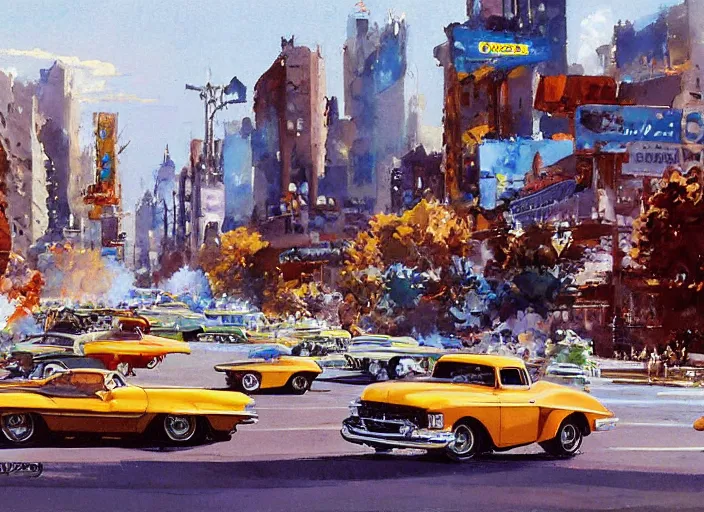 Image similar to hotrods driving down a street , vintage, highly detailed, by John Berkey