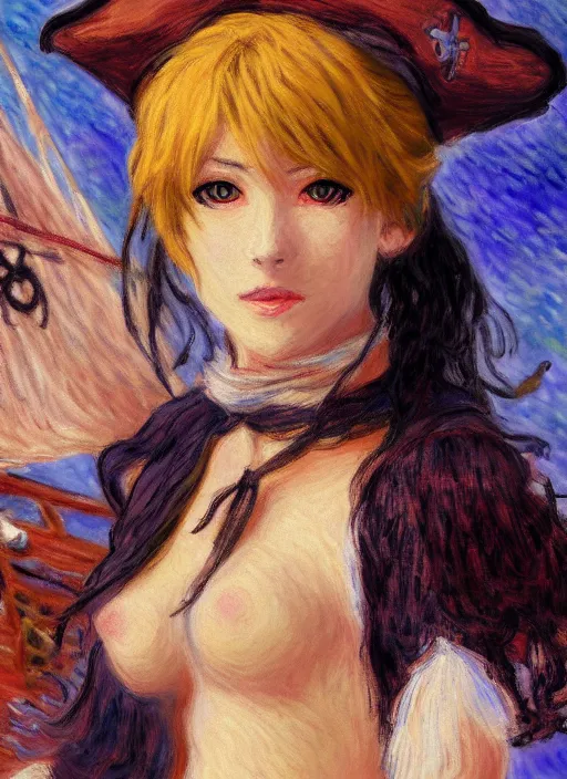 Image similar to a portrait of a female pirate, very anime in impressionist style, trending artwork, 4 k, anime painter studio, by claude monet