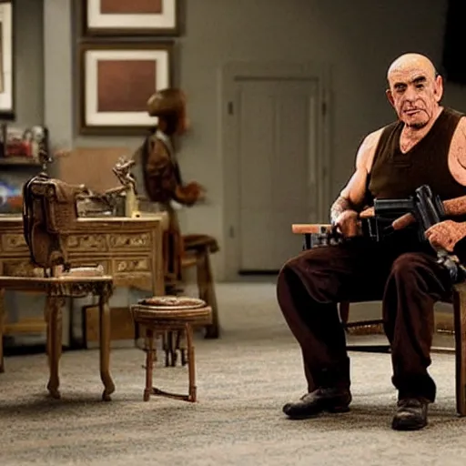 Image similar to lalo salamanca sitting in a chair with his gun