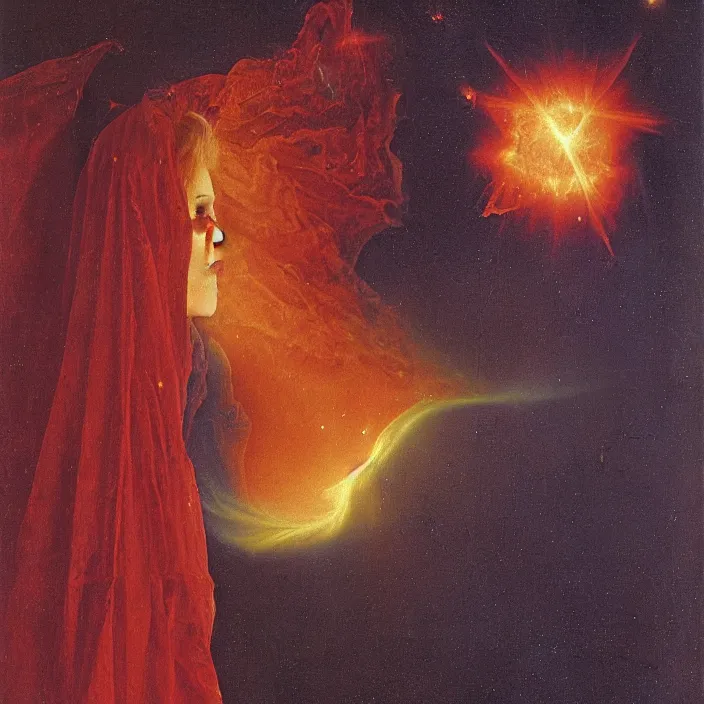 Image similar to a closeup portrait of a cloaked woman floating next to a goblin nebula, goblin nebula, by jan van eyck