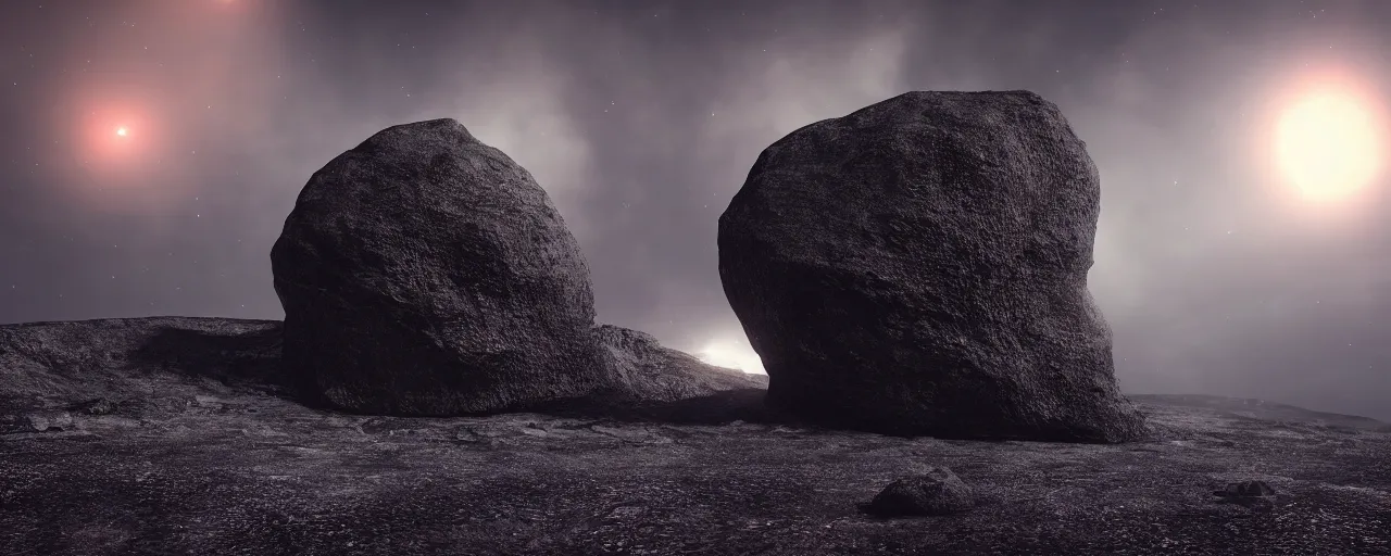 Image similar to ” giant rock in a deep black space with stars, [ cinematic, detailed, epic, widescreen, opening, establishing, mattepainting, photorealistic, realistic textures, octane render ] ”