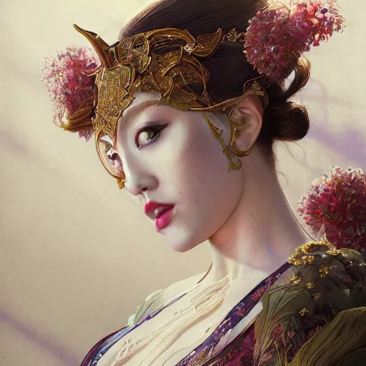 Image similar to a photorealistic dramatic fantasy render of a beautiful woman scarlet johanson wearing a beautiful intricately detailed japanese monkey kitsune mask and clasical japanese kimono by wlop, artgerm, greg rutkowski, alphonse mucha, epic, beautiful dynamic dramatic dark moody lighting, shadows, cinematic atmosphere, artstation, concept design art, octane render, 8 k