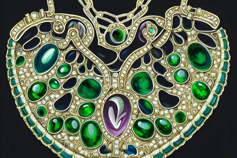 Image similar to highly detailed oil painting, very realistic gemstones, top view, symetrical, art nouveau, ornate, delicate, brilliant green gemstone necklace, dramatic light,