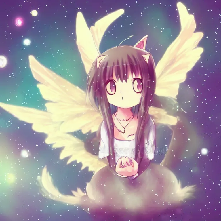 Prompt: cute, full body, female, anime style, a cat girl with fairy wings patting a small dragon, large eyes, beautiful lighting, sharp focus, simple background, creative, heart effects, filters applied, illustration