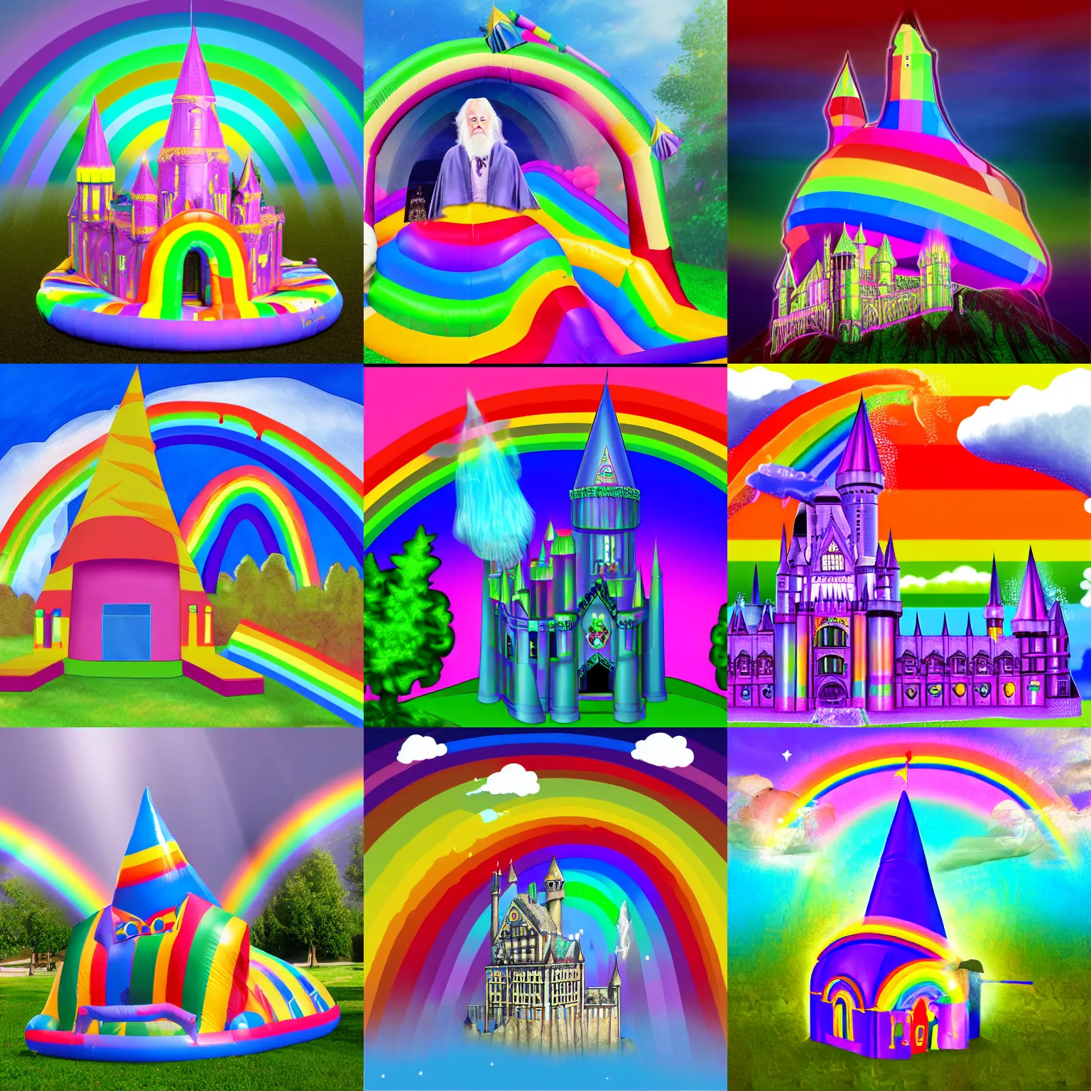 Prompt: dumbledore hiding in a rainbow inflatable castle, digital art