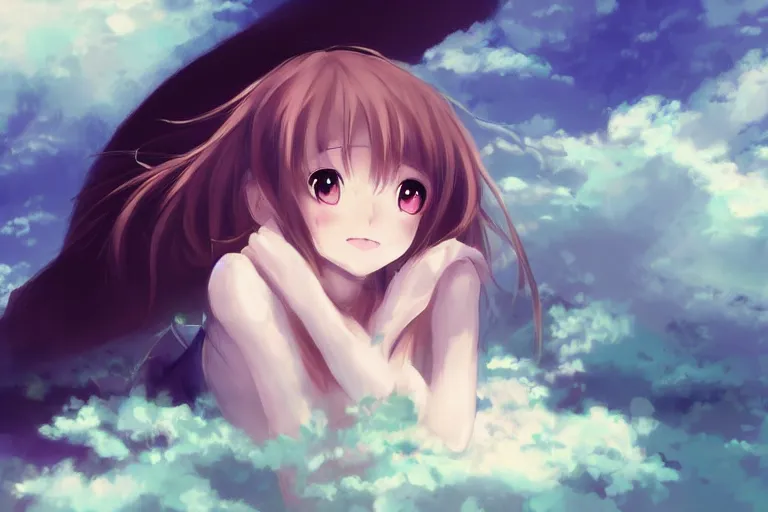 Image similar to a cute anime girl sitting on a cloud, digital painting, anime, portrait