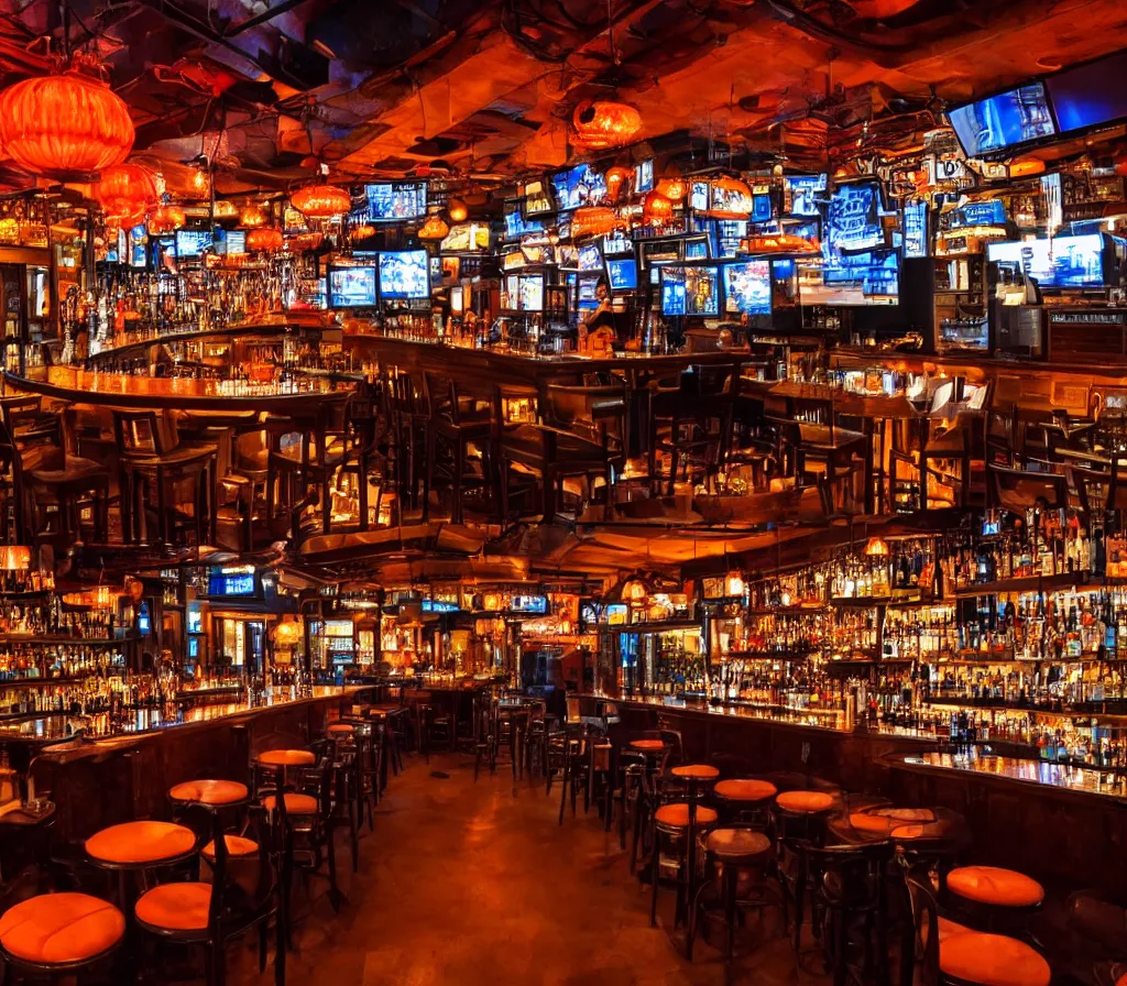 Image similar to a full shot of an entire bar restaurant with orange lighting, nighttime