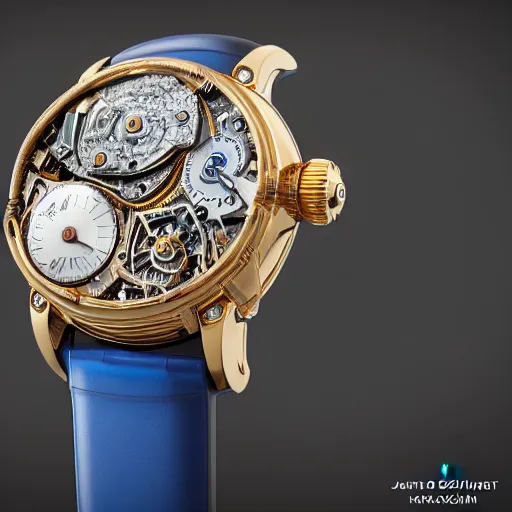 Image similar to a steampunk sleek, jewelled, Saut du Doubs waterfall watch by Jaquet Droz, highly detailed illustration highlights, gold and silver highlights, neon blue highlights, macro photography, F/2.8, trending on artstation, octane render