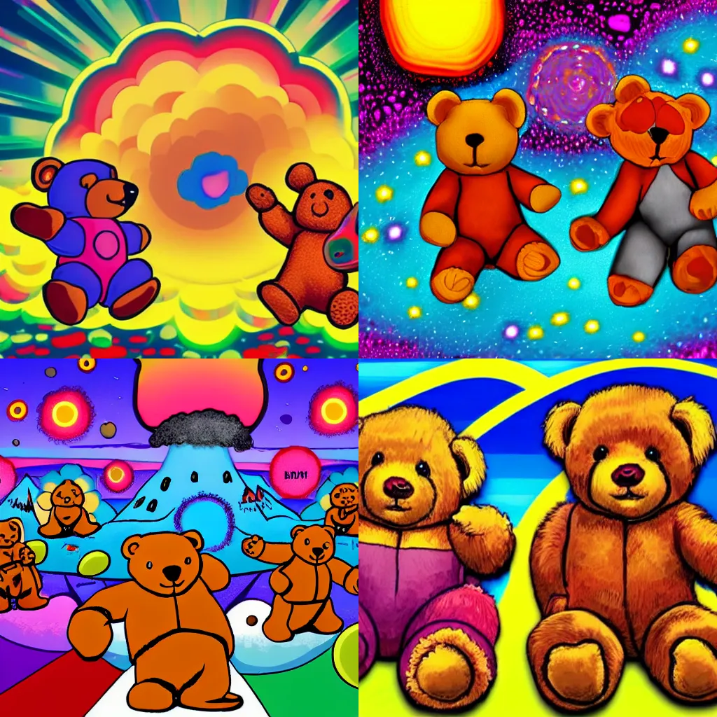 Image similar to a lot of teddy bears fights in epic battle, background a nuclear toxic multi - colored explosion in big town, psychedelic