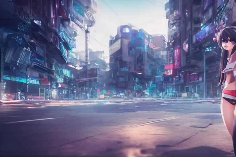 Image similar to professional close-up photo of an anime girl with long hair on the busy streets of a dystopian futuristic city with pedestrians, 4k, octane render, Unreal Engine