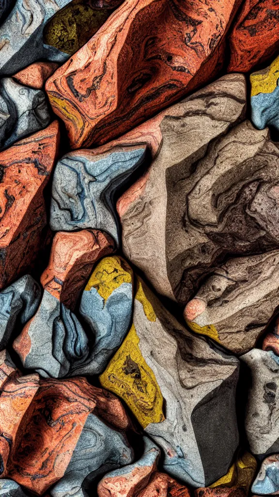 Image similar to vivid color, folded, tessellated planes of rock, alien sedimentary schematic, igneous rock, marbled veins, 3D!!! diorama architectural drawing macro photography, depth of field with layers of strata, ochre, sienna, black, gray, olive, mineral grains, dramatic lighting, rock texture, sand by James jean, geology, octane render in the style of Luis García Mozos