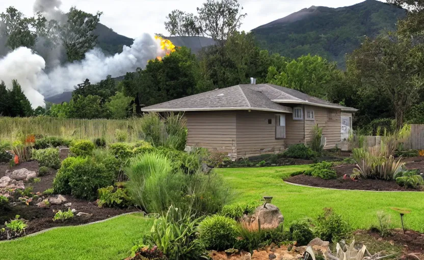 Image similar to suburban house and yard with small volcano erupting in the yard