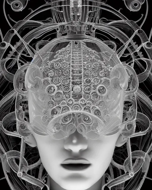 Image similar to mythical dreamy black and white organic bio-mechanical spinal ribbed profile face portrait detail of translucent steampunk beautiful female angelic-human-queen-vegetal-cyborg, highly detailed, intricate crystal ivy jelly ornate, poetic, translucent roses ornate, 3D render, digital art, octane render, 8K artistic photography, photo-realistic, by Dora Maar