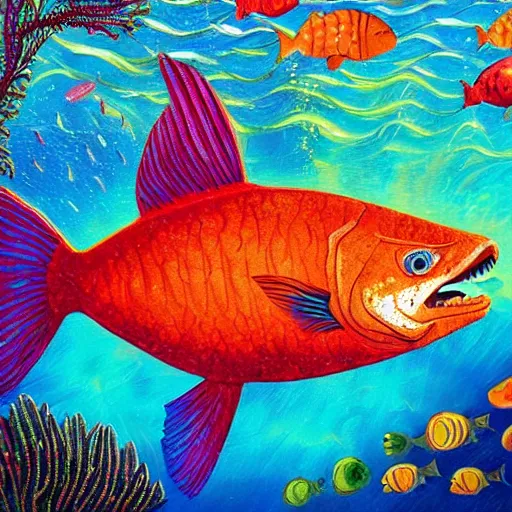 Prompt: a scuba diver discovering a prehistoric fish made of shining gems, rich vivid colors, vibrant, oil painting, highly detailed, award winning