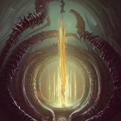 Prompt: hyper realistic portrait of a Necronomicon demon character in a hell portal in a film, art by Greg Rutkowski , art by Dmitry Prozorov, art by Izabela Poznańska, sci-fi, fantasy, intricate, ornate, very very beautiful, elegant, highly detailed, digital painting, artstation, concept art, smooth, sharp focus, illustration