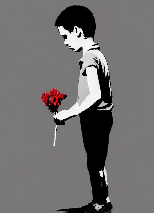 Image similar to a side profile of a single boy holding flowers in the style of Banksy, graffiti, digital art