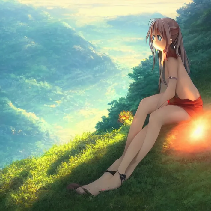 Prompt: Anime Girl Sitting on Edge of Cliff at a Green Valley at Sunset, Golden Hour! Trending on Artstation, Pixiv, Deviant Art!