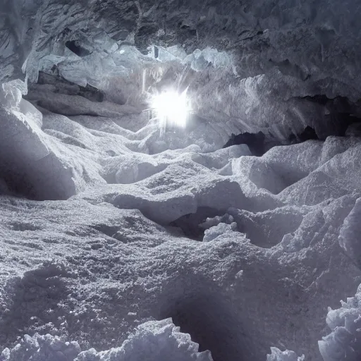 Prompt: dark glacier cave with a glowing spike of ice in the center, surreal,