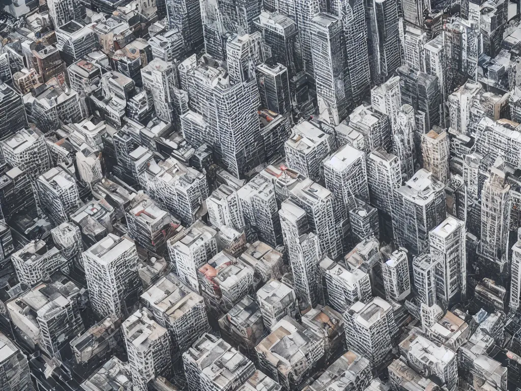 Image similar to drone view of a city, Brutalist architecture, horizon shot, sharp focus, telephoto lens, digital art 4k