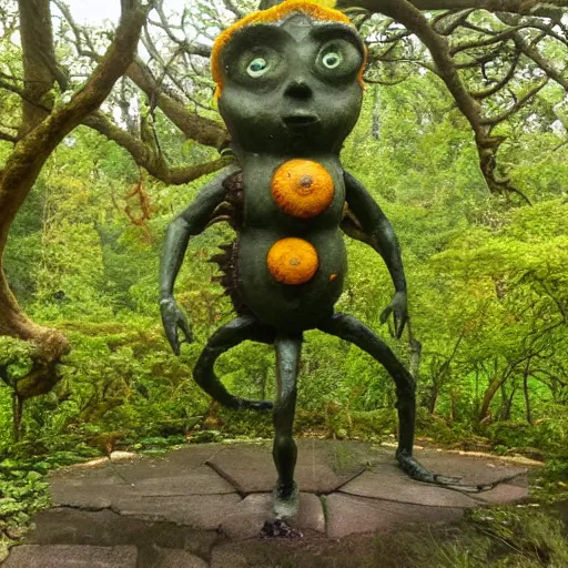 Image similar to statue of a radial creature with 4 eyes and 8 legs with very yellow moss and yellow plants